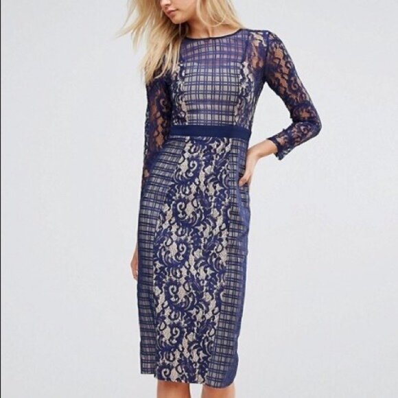 Little Mistress Navy Blue Nude Lace Long Sleeve Midi Dress Cocktail Formal Sz 2 - Picture 1 of 10
